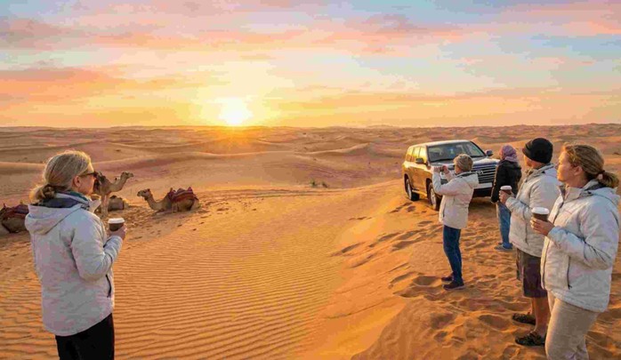 Tourists enjoying a sunrise view in the desert with a 4x4 vehicle and camels, representing one of the Best desert safari tours in Jeddah.