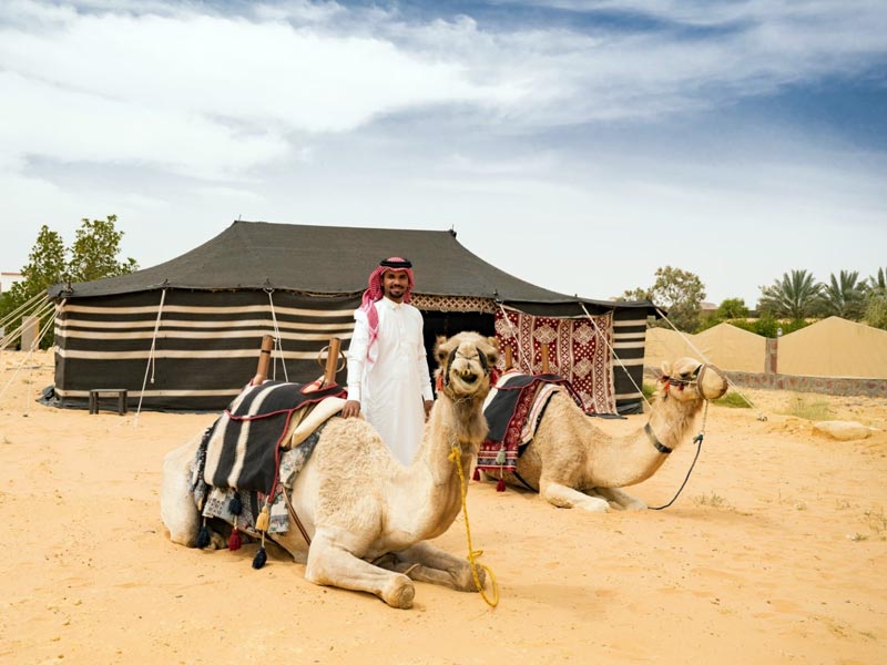 Guide in traditional attire leading a camel caravan in the Jeddah Desert, with a woman and a man riding the decorated camels across the vast sandy landscape with mountains in the distance.