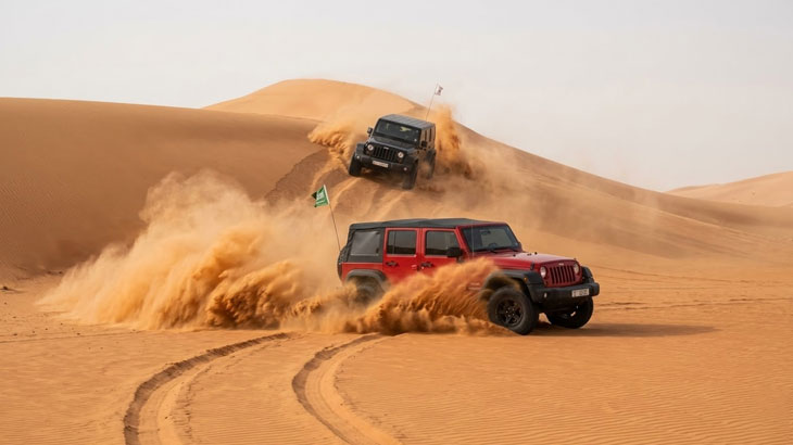 Red and black 4x4 Jeeps kick up clouds of sand while navigating steep dunes during a desert safari in Jeddah.