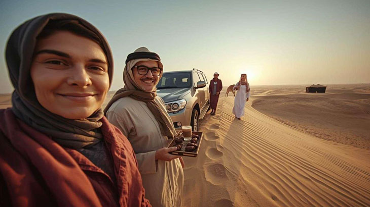 Morning Desert Safari Jeddah experience with travelers close-up beside a 4x4 on golden dunes, enjoying Arabic coffee and dates in soft sunrise light.