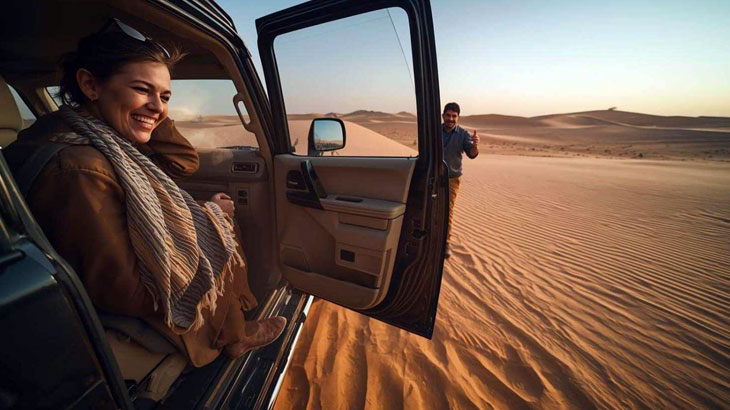 Half-day desert tour near Jeddah showing travelers stepping out of a 4x4 at the dunes during cool early morning light.