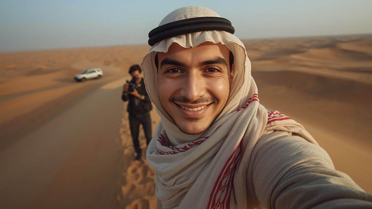 Arabic costume photoshoot on a dune summit with a close-up portrait and wide desert horizon for iconic travel photography.