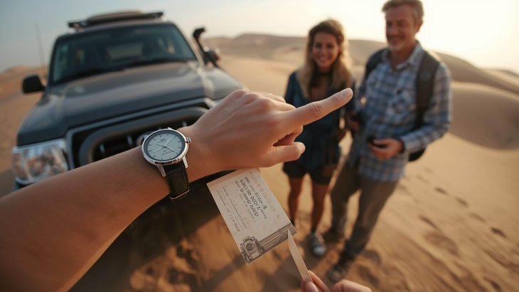 Morning desert safari itinerary moment with a guide pointing to a watch and travelers reviewing the tour timeline before heading into the dunes.