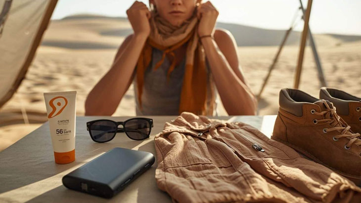 What to wear desert safari Jeddah essentials shown close-up with scarf, sunglasses, sunscreen, water bottle, and comfortable closed-toe shoes.